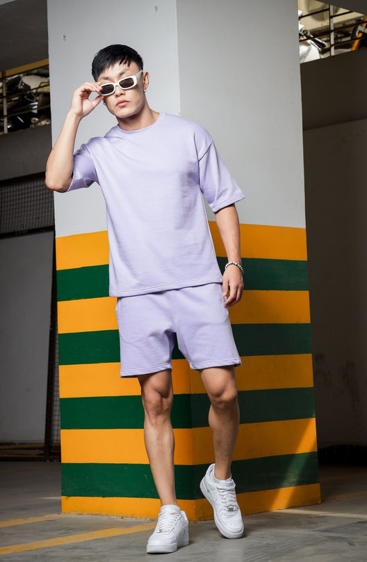 Men's Relaxed Fit Cotton T-Shirt & Shorts Co-Ords Set - Lavender